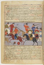 Battle between the Mongol and Jin Jurchen armies in north China in 1211. Miniature from Jami' al-taw Artist: Anonymous