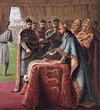 King John of England signs the Magna Carta (From: Pictures of English History), 1868. Artist: Kronheim, Joseph Martin (1810-1896)