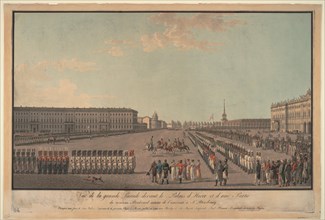 The parade in front of the Winter Palace in St. Petersburg, 1799. Artist: Anonymous