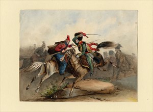 French Horse Chasseurs of the Imperial Guard in Combat with the Russian Cossacks, c. 1830. Artist: Finert (Finart), Noël Dieudonné (1797-1852)