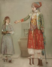 A lady in Turkish costume with her servant at the hammam, Mid of the 18th cen.. Artist: Liotard, Jean-Étienne (1702-1789)