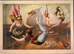 Female acrobats on trapezes at circus, c. 1890. Artist: Calvert Litho. Co.
