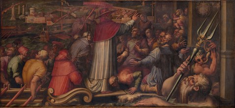 Pope Eugene IV disembarks at Leghorn to take refuge in Florence, 1563-1565. Artist: Vasari, Giorgio (1511-1574)