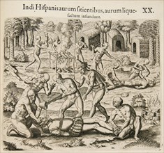 Because the Spanish thirst for gold, the Indians pour liquid gold into them. (From: Americae pars qv Artist: Bry, Theodor de (1528-1598)