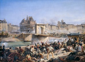 Attack on the Hotel de Ville and Combat on the Pont d?Arcole, July 28, 1830. Artist: Bourgeois, Amédée (1798-1837)