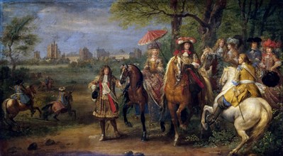Chateau de Vincennes with Louis XIV and Marie Therese with their Court in 1669. Artist: Meulen, Adam Frans, van der (1632-1690)