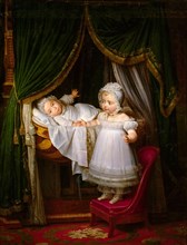 Henri of Artois, Count of Chambord, duc de Bordeaux in his cradle with his sister Louise Marie Thérè Artist: Hersent, Louis (1777-1860)