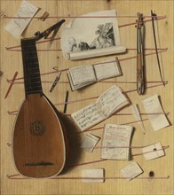 Trompe l'oeil still life with a lute, rebec and music sheets. Artist: Gijsbrechts, Cornelis Norbertus (before 1657-after 1675)