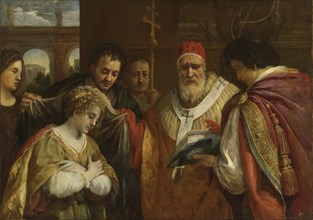 Saint Domitilla receiving the veil from Pope Clement I. Artist: Cortona, Pietro da (1596-1669)
