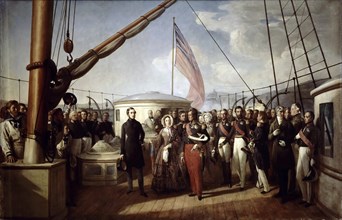 Queen Victoria recieved the King Louis Philippe I on board the Royal Yacht, 2 September 1843. Artist: Biard, François-August (1798-1882)