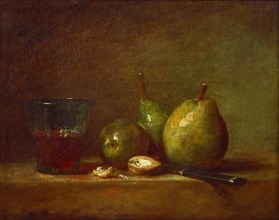 Pears, Walnuts and Glass of Wine. Artist: Chardin, Jean-Baptiste Siméon (1699-1779)