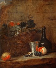 Fruit Basket with Grapes, a Silver Goblet and a Bottle, Peaches, Plums, and a Pear. Artist: Chardin, Jean-Baptiste Siméon (1699-1779)
