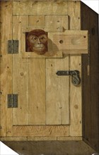 Trompe l'oeil with a monkey in a wooden box. Artist: Trajtler, Jòsef (active Mid of 19th cen.)
