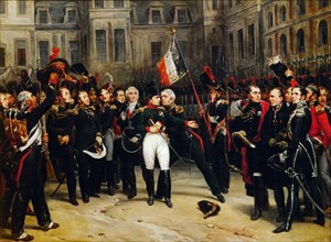 Napoleon's farewell to the Imperial Guard in the courtyard of the Palace of Fontainebleau on 20 Apri Artist: Montfort, Antoine Alphonse (1802-1884)