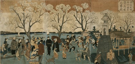 Cherry blossoms in full bloom along Sumida River. (Bokusui tsutsumi hanazakari no zu). Artist: Hiroshige, Utagawa (1797-1858)