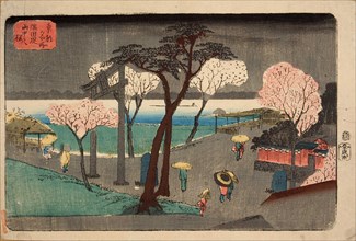 Cherry Trees in Rain on the Sumida River Embankment. (Sumida zutsumi uchû no sakura). Artist: Hiroshige, Utagawa (1797-1858)