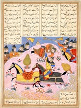 Malik Lifts Abu'l Mihjan from the Saddle. From Khavarannama (The Book of the East) of ibn Husam al-D Artist: Iranian master