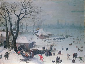 Winter Landscape with Snowfall near Antwerp. Artist: Valckenborch, Lucas, van (1530-1597)
