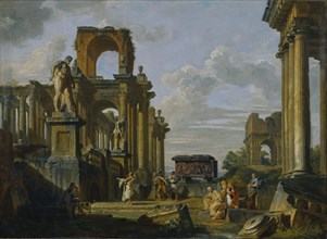 Architectural Capriccio of the Roman Forum with Philosophers and Soldiers among Ancient Ruins. Artist: Panini, Giovanni Paolo (1691-1765)