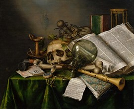 Vanitas. Still Life with Books, Manuscripts and a Skull. Artist: Collier, Edward (active 1662-1708)