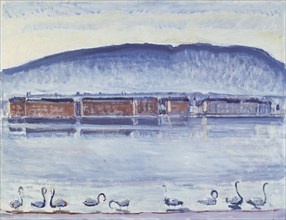 Lake Geneva with Mont Salève and Swans. Artist: Hodler, Ferdinand (1853-1918)