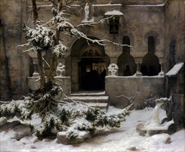 Monastery Garden in Snow. Artist: Lessing, Carl Friedrich (1808-1880)