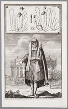 Jewish man, dressed for prayer. On the background the Portuguese Synagogue of Amsterdam. Artist: Luyken, Jan (Johannes) (1649-1712)