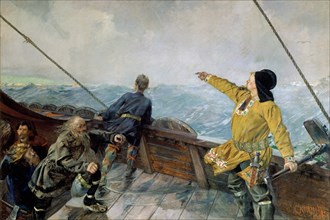 Leiv Eiriksson discovers America. Artist: Krohg, Christian (1852-1925)
