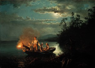 Night spear fishing on the Krøderen Lake. Artist: Gude, Hans (1825-1903)