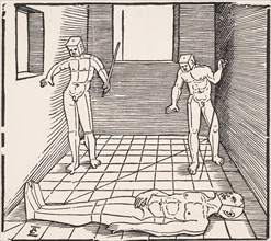 Three male figures in a room (From: Unnderweissung der Proportzion). Artist: Schoen, Erhard (1491-1592)
