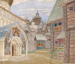 Russian Village. Stage design for the opera The Tale of Tsar Saltan by N. Rimsky-Korsakov. Artist: Bilibin, Ivan Yakovlevich (1876-1942)