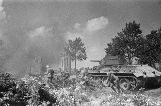Operation Kutuzov. Soviet troops follow their tanks near Orel. Artist: Anonymous