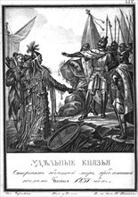 The Russian princes rejects the offer of the Ambassador of Batu Khan. 1237 (From Illustrated Karamz Artist: Chorikov, Boris Artemyevich (1802-1866)