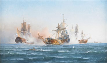 HMS Wachtmeister fighting against the Russian squadron on Juny 4, 1719, 1902. Artist: Richarde, Otto Ludvig (1862-1929)