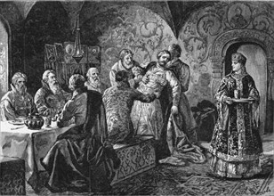 Prince Mikhail Vasiliyevich Skopin-Shuisky at the Feast of Count Vorotynsky. Artist: Zemtsov, Alexander Efimovich (1856-1896)