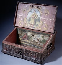 Wooden cash (or writing) box with poptrait of Peter the Great's son, ca. 1695. Artist: Anonymous master