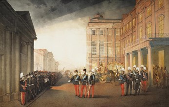 Parade in front of the Anichkov Palace in Petersburg, 1870. Artist: Zichy, Mihály (1827-1906)