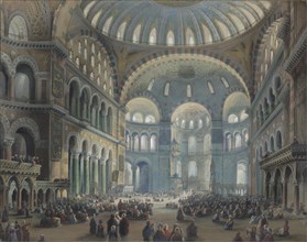 Interior of the Hagia Sophia in Constantinople. Artist: Bossoli, Carlo (1815-1884)