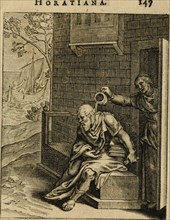 Xanthippe emptying a chamber pot over Socrates. (From Emblemata Horatiana), 1607. Artist: Veen, Otto van (1556-1629)