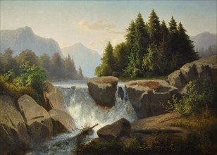 Mountain landscape with waterfall, c. 1853. Artist: Kosárek, Adolf (1830-1859)