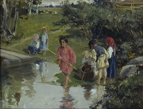 Children Fishing, 1882. Artist: Pryanishnikov, Illarion Mikhailovich (1840-1894)