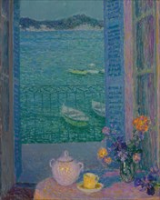 Bunch of flowers at the window, Villefranche-sur-Mer, 1928. Artist: Le Sidaner, Henri (1862-1939)