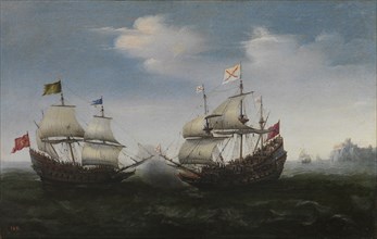 Naval combat against a rocky shore, 1627. Artist: Vroom, Hendrick Cornelisz. (1562/3-1640)