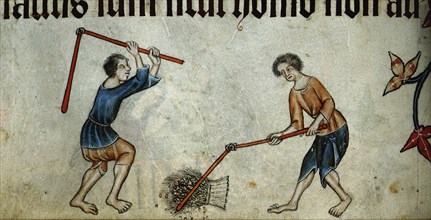 Two men threshing sheaf (From the Luttrell Psalter), ca 1330. Artist: Anonymous