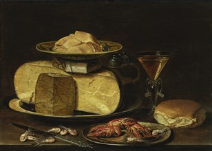 Still Life with Cheeses, Glas à la façon de Venise and crayfish on a pewter plate. Artist: Peeters, Clara (1594-1658)