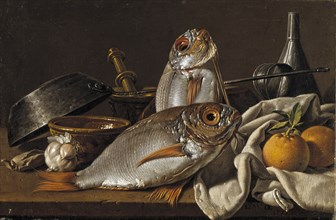 Still Life With Bream, Oranges, Garlic and Kitchen Utensils, 1772. Artist: Meléndez, Luis Egidio (1716-1780)