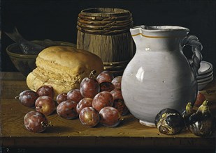 Still life with plums, figs, bread and jug, Second Half of the 18th century. Artist: Meléndez, Luis Egidio (1716-1780)