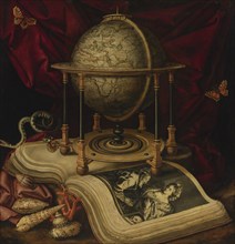 Vanitas Still Life with a Terrestrial Globe, a Book, Shells, a Snake and Butterflies. Artist: Luyckx, Carstian (1623-after 1657)
