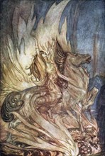 Brünnhilde on Grane leaps onto the funeral pyre of Siegfried. Illustration for Siegfried and The Tw Artist: Rackham, Arthur (1867-1939)