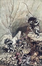 Alberich drives in a band of Niblungs laden with gold and silver treasure. Illustration for The Rhi Artist: Rackham, Arthur (1867-1939)